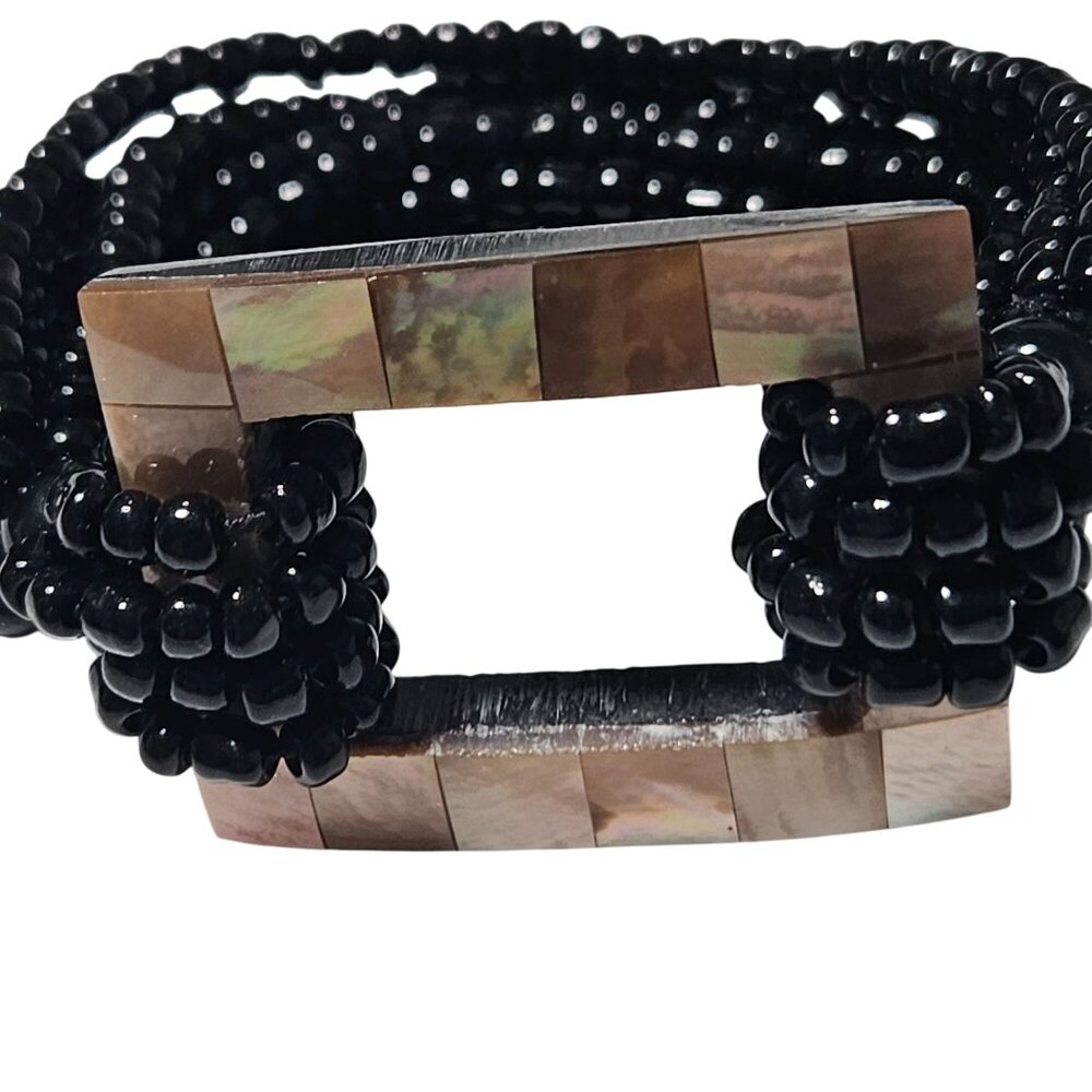 Elegant Black Beaded Bracelet Rectangular Mother … - image 2